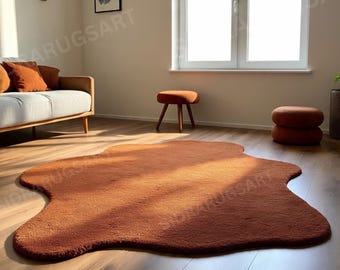 Rust Irregular Wool Rug – Hand Tufted Organic Shape Area Rug, Modern Terracotta Carpet