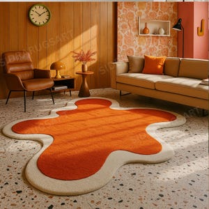Groovy Splash Shag Rug, Retro Orange & Cream Large Area Rug, Handmade Custom Rug for Living Room, Bedroom, Funky  6x9, Modern Boho Decor