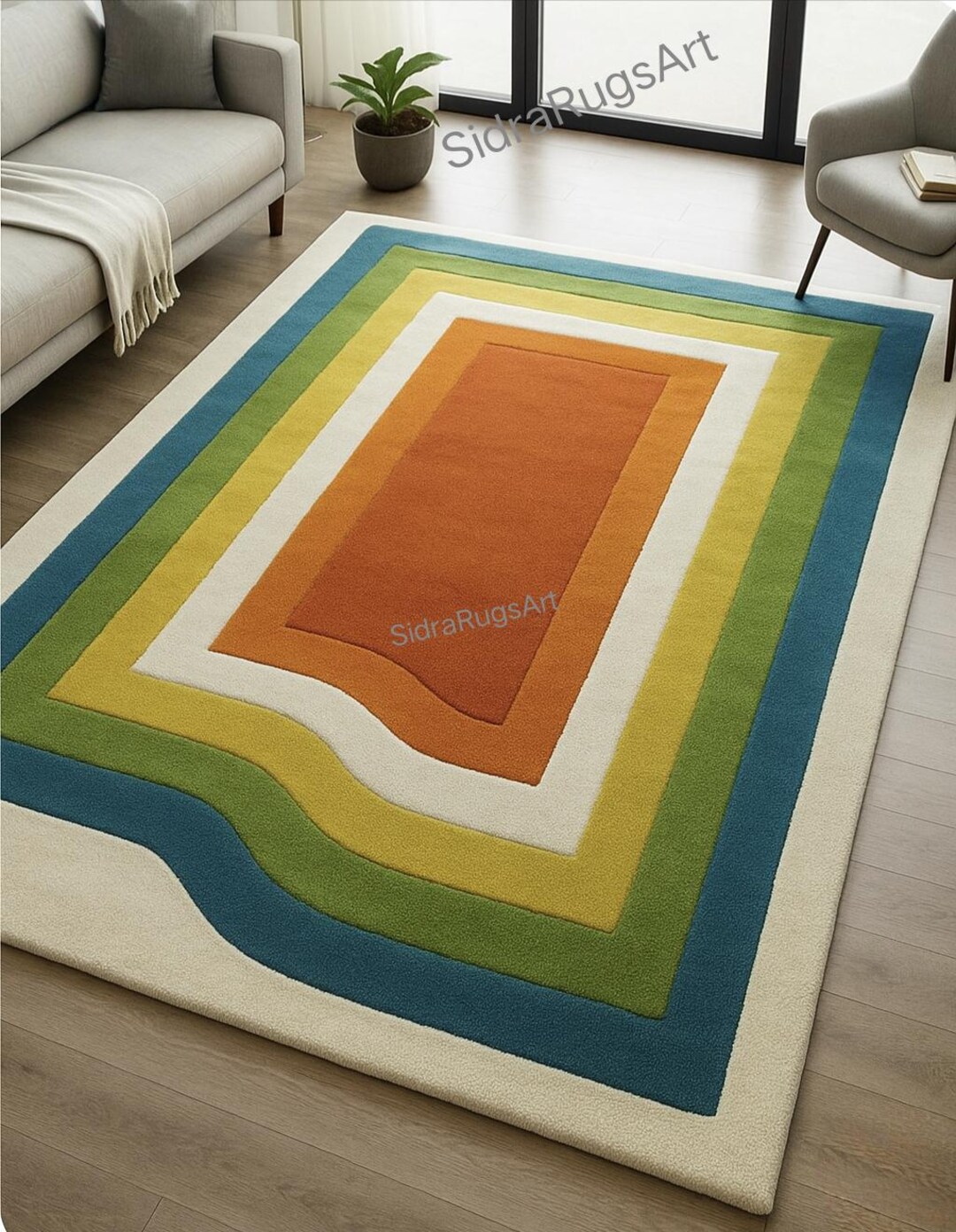 Wool Rug Bordered Design Hand-tufted Wool Rug, Modern Color Block Geometric Carpet, Abstract ...