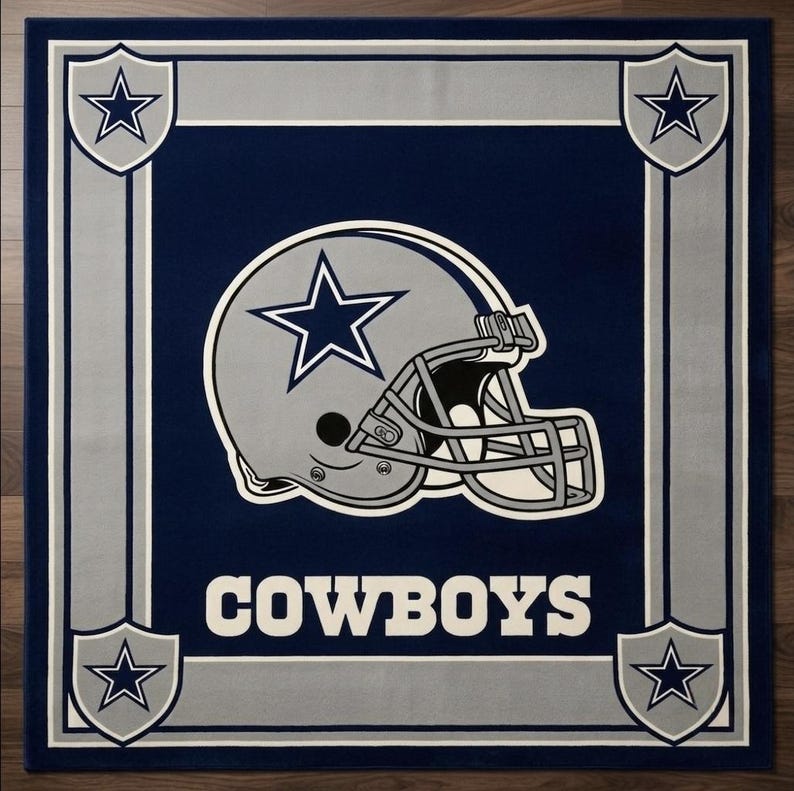Hand tufted wool Dallas Cowboys inspired football area rug in navy blue and silver, featuring a helmet graphic, displayed in a modern luxury living room.