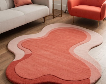 Blush Peach Abstract Wool Rug – Modern Organic Tufted Area Carpet