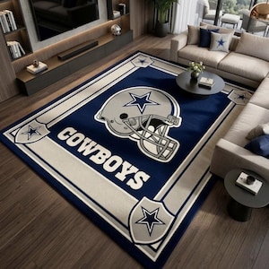 Hand tufted wool Dallas Cowboys inspired football area rug in navy blue and silver, featuring a helmet graphic, displayed in a modern luxury living room.