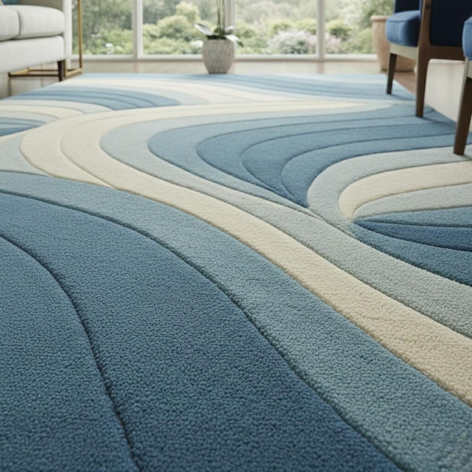 Hand Tufted Wool Area Rug, Blue Abstract Wave Pattern Carpet (9x12) - Etsy
