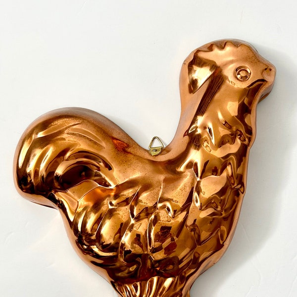 vintage Copper Decor - Copper rooster Mold - Kitchen Wall Hanging Tin Lined 70s - Cottagecore Decor