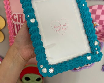 Fake Cake Photo Frame Teal with heart pearls and rhinestones 4x6 / 5x7 / 8x10