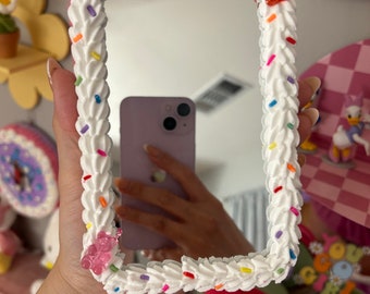 Fake Cake white standing mirror with gummy bears and colorful sprinkles