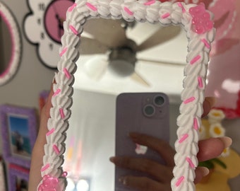 Fake Cake white standing mirror with pink gummy bears and pink sprinkles