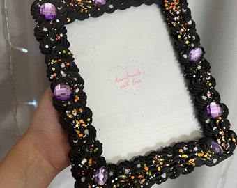 Fake Cake Photo Frame Black with purple rhinestones glow in the dark sprinkles and Halloween theme sprinkles 4x6 / 5x7 / 8x10