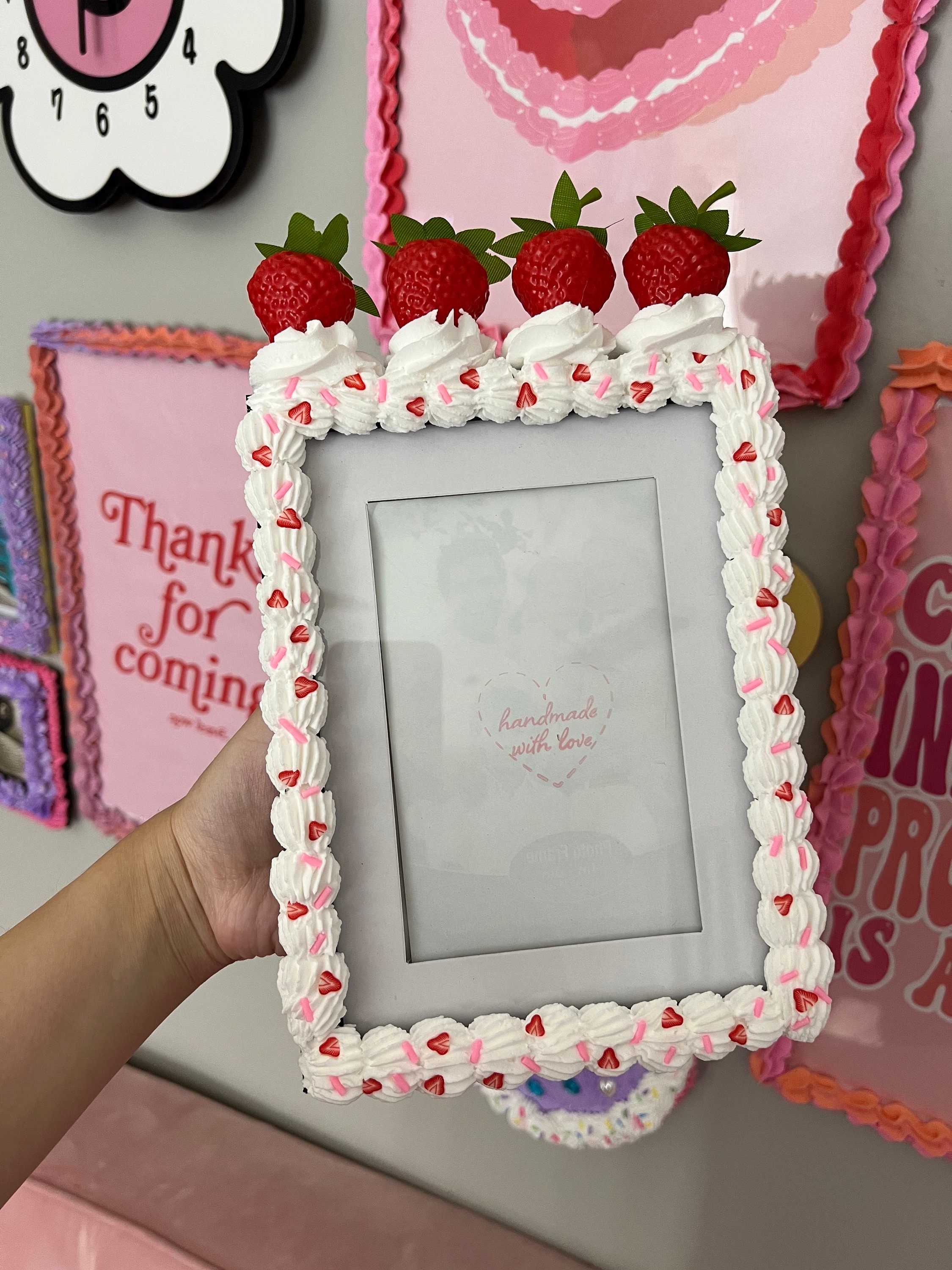Fake Cake Photo Frame White with strawberries pieces and strawberries on top 4x6 / 5x7 / 8x10 / 8.5x11