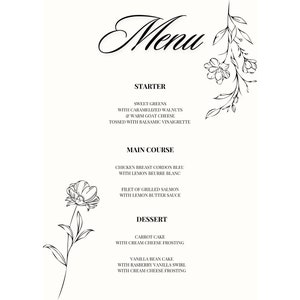 Plantilla minimalista para menú de boda con flores