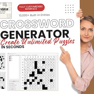 Könnte beinhalten: Eine Frau zeigt auf ein weißes Poster mit den Worten "CROSSWORD GENERATOR" und "Create Unlimited Puzzles in Seconds". Das Poster zeigt auch ein Kreuzworträtsel und eine Softwareschnittstelle.