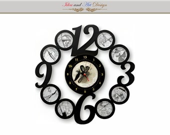 Wall clock, interior decor, decorative clock, plexiglass clock, laser cutting, laser engraving, UV printing and coloring, digital designs.