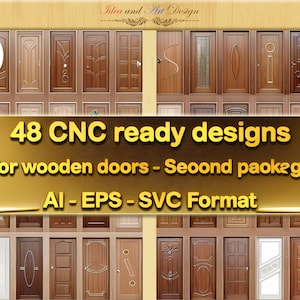 May include: A collection of 48 CNC ready designs for wooden doors. The designs are in AI, EPS, and SVC format. The image shows a variety of door designs, including traditional, modern, and contemporary styles.