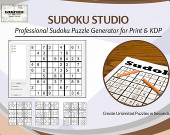May include: The image showcases "SUDOKU STUDIO", a professional Sudoku puzzle generator. It features a digital interface with a Sudoku grid and a printed Sudoku puzzle with pencils. The design includes the text "Create Unlimited Puzzles in Seconds".