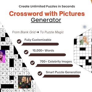 May include: An advertisement for a crossword puzzle generator. The image features a crossword puzzle grid with celebrity images, a sample puzzle, and text that reads "Crossword with Pictures Generator". The ad highlights features like customizable puzzles, 10,000+ words, and 700+ celebrity images.
