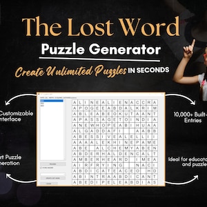 Könnte beinhalten: Der Lost Word Puzzle Generator, eine Softwareschnittstelle, erstellt unbegrenzt viele Rätsel. Zu den Funktionen gehören eine vollständig anpassbare Oberfläche, intelligente Rätselerstellung und über 10.000 integrierte Einträge. Das Bild zeigt ein Wortsuchrätsel.