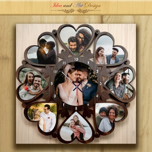 Może przedstawiać: Brązowy drewniany zegar z sercowatą ramką. Tarcza zegara jest biała z czarnymi cyframi i wskazówkami. Wokół tarczy zegara znajduje się osiem zdjęć par w sercowatych ramkach.