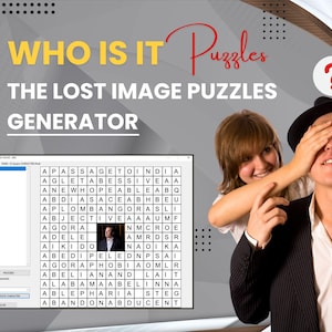May include: Image promoting a puzzle game called "Who Is It Puzzles". The image shows a word search puzzle on a computer screen, with a man having his eyes covered by a woman. The text reads "Create Unlimited Puzzles in Seconds".
