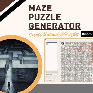 May include: A graphic promoting a maze puzzle generator. The image features a maze illustration, a computer screen displaying a maze, and the text "MAZE PUZZLE GENERATOR Create Unlimited Puzzles IN SECONDS."