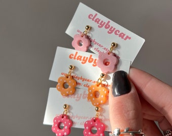 Daisy Polymer Clay Dangle Earrings | Gold Plated, Handmade, Hypoallergenic Jewelry, Jewellery, Fun, Retro, Groovy, Polka Dot Flower, Funky