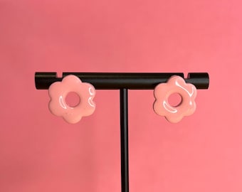 Daisy Polymer Clay Stud Earrings | Gold Plated, Handmade, Hypoallergenic Jewelry, Jewellery, Fun, Retro, Cute, Groovy, Pink Flower, Funky