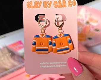 Edmonton Oilers Jersey Clay Earrings | sports, team, festive, keychain, hockey, arena, orange