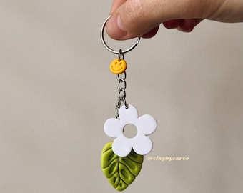 Flower & Monstera Leaf Groovy Polymer Clay Keychain | Dangle, Plant, Plants, Leaves, Spring, Summer, Gift, Green, Funky, Refreshing, Growth