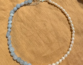 Natural Pearl and Aquamarine necklace, Pearl Jewelry, Aquamarine Jewelry