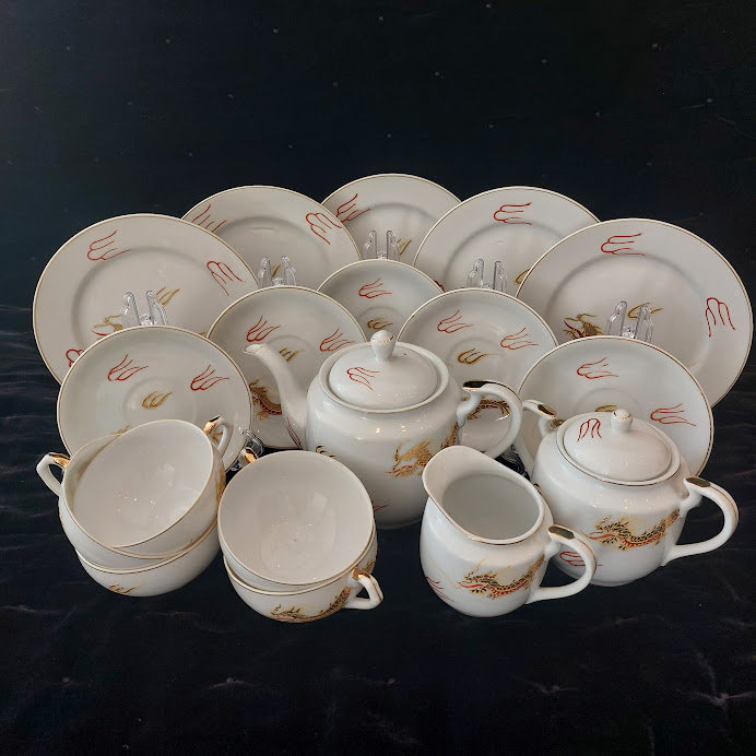 Vintage Japanese Geisha Lithophane Tea Set: Hand-painted Red
