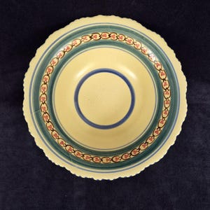 Può includere: Una ciotola in ceramica rotonda con bordo smerlato, caratterizzata da un centro e un interno color crema. Il design include una fascia circolare blu, una fascia più ampia color verde acqua e un bordo decorativo di maglie marroni con piccoli accenti floreali rossi.