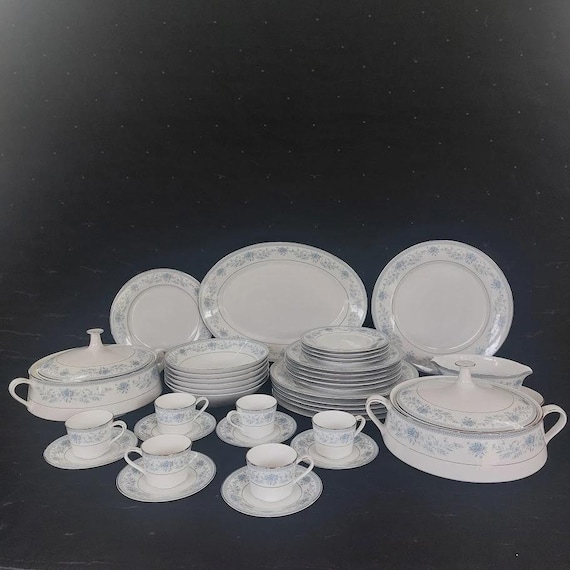 Vintage Noritake Blue Hill Dinnerware Set: Platinum Trimmed Floral