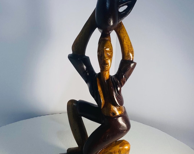 Vintage Excellently Hand Carved Wood Figure of Kneeling African Native Woman Holding a Basket.