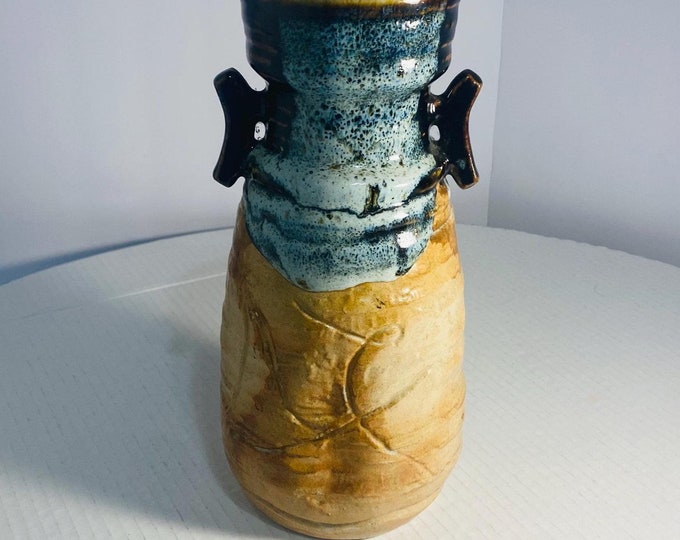 10" Tall Vintage Japanese Vase in Brown and Blue Glazed Ceramic with Double Ears / Unknown Japanese signature on the bottom.