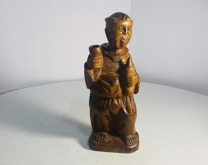 Rare and Unique Italian Wood Carving of 8" Tall Benedictine Monk with Bottle and Wine Cup in his Hands