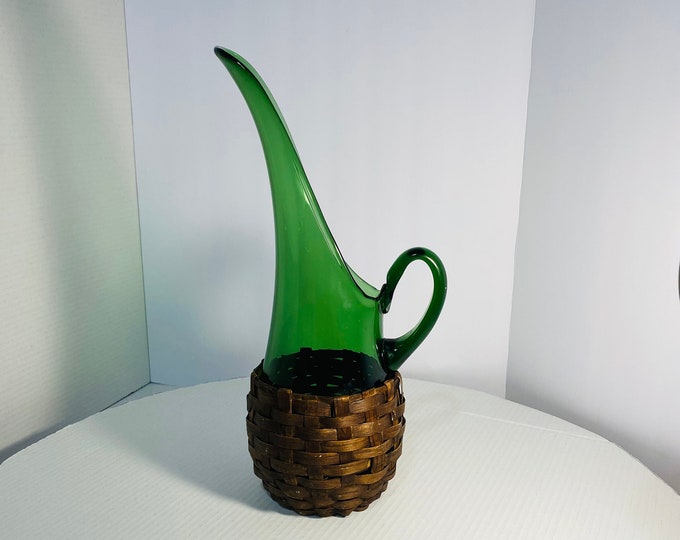 Elegant Vintage Green Glass Wicker Pitcher MCM. Italian Glass water/wine pitcher mid century 15"