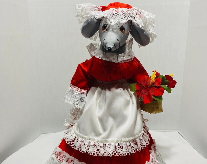 Antique Beautiful Christmas Grandma Mouse - Handmade 18" Tall Gray Doll in Red and White Dress Holding Flower Basket