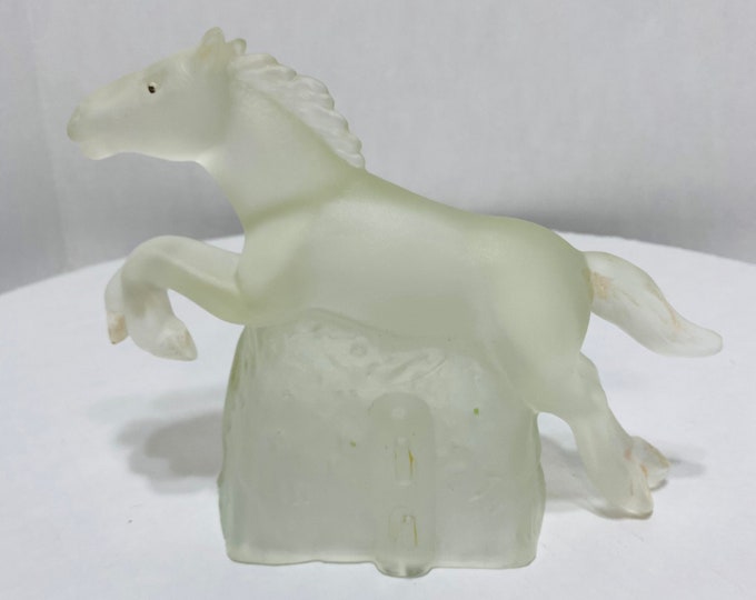 Beautiful Vintage Sculpture Frosted Glass Jumping Horse Paperweight Figurine Statue. Free Shipping