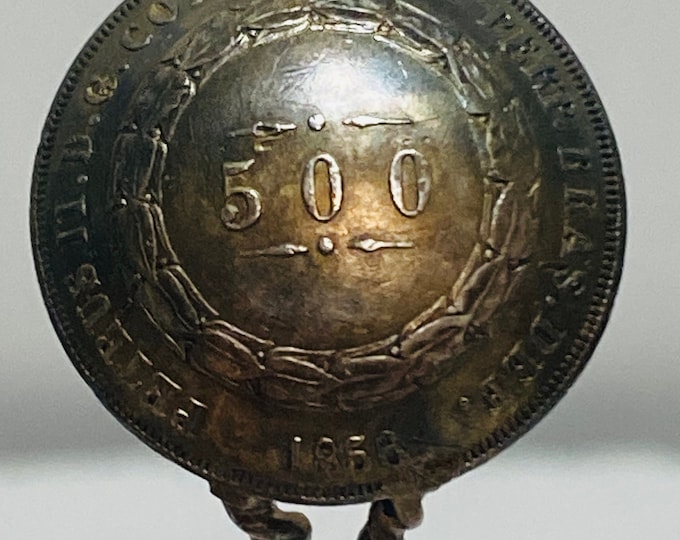 Estate Sales Rare Unique Assemblage Art Piece Spoon Handmade with Brazil 500 Reis 1856 Pedro II silver KM# 464 & Stone