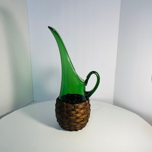 Elegant Vintage Green Glass Wicker Pitcher MCM. Italian Glass water/wine pitcher mid century 15&quot;