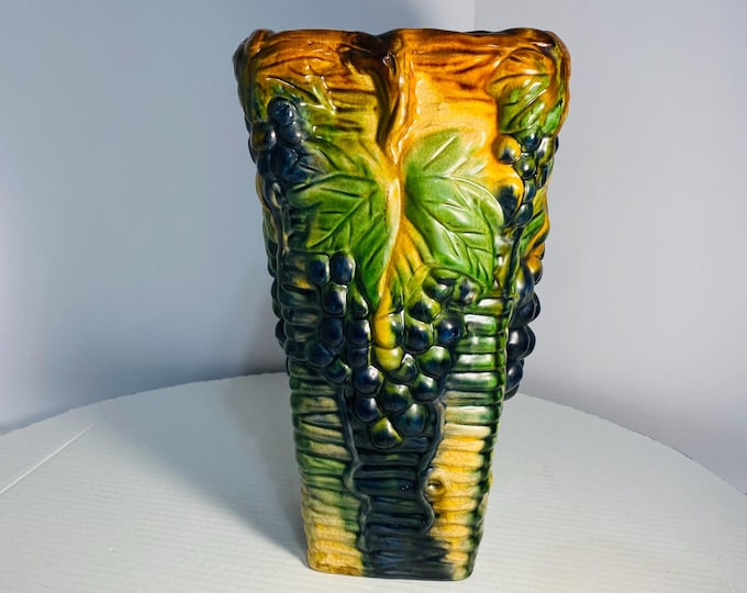 Beautiful & Original Vintage England Majolica Grape and Vine Rectangular Tall Vase #AC-114