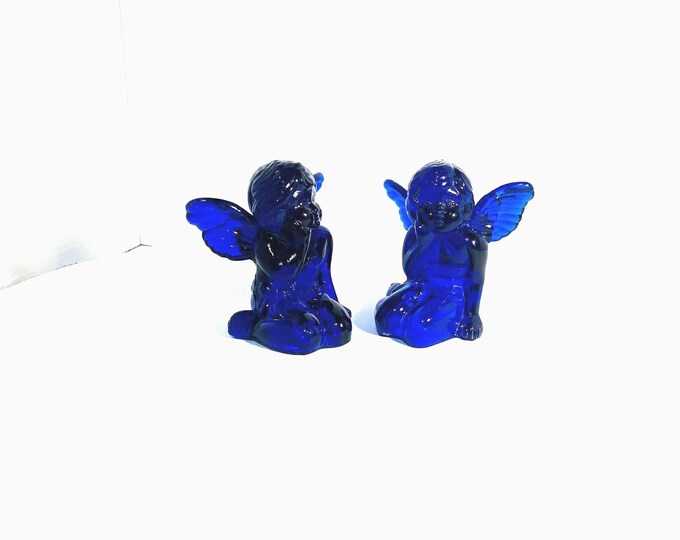 VTG Set of Two Beautiful Cobalt Blue Glass Sitting Angel Cherub Taper Candle Holders 5"x 5"x 5" Free Shipping