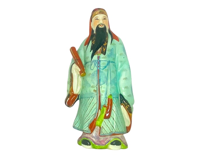 Vintage 14" Chinese Statue Fu Xing Signed Hand painted Porcelain Deity of Good Fortune