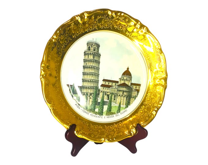 Vintage Italian Souvenir Gold Rimmed Porcelain Plate-Pisa Torre Pendente e Abside del Duomo 11" Free Shipping