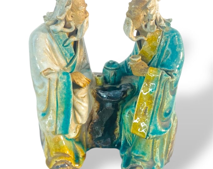 Antique c.1900 Handmade Shiwan Mudmen Two Old Men Seated Drinking Sake Tea