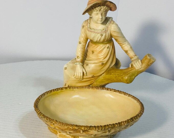 Antique 1889 James Hadley Royal Worcester Porcelain Girl with Basket of Sweetmeat or Candy Dish 1153