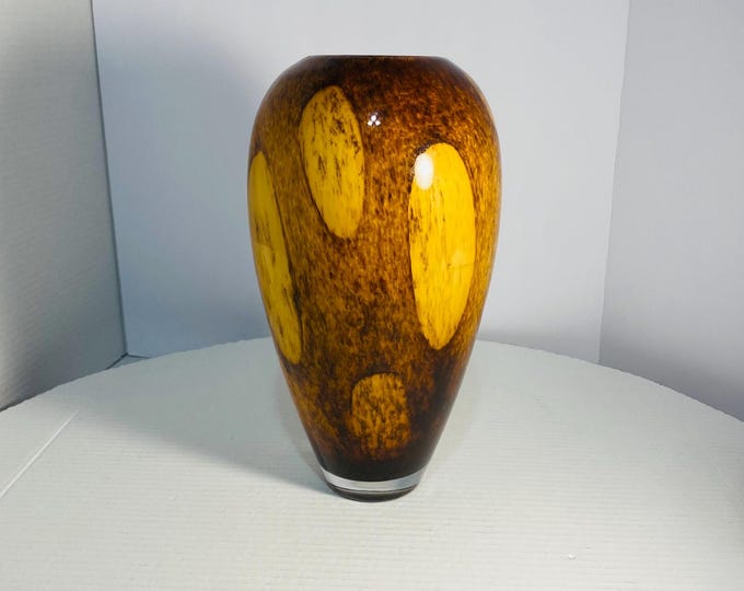 Beautiful Vintage Late Mid Century Art Glass Brown Tortoise Shell Vase 11" Tall