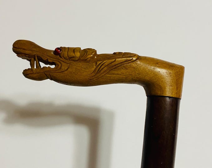 Rare & Unique VTG Wooden Hand Carved Walking Cane Red Eyes Dragon Stick Handle.
