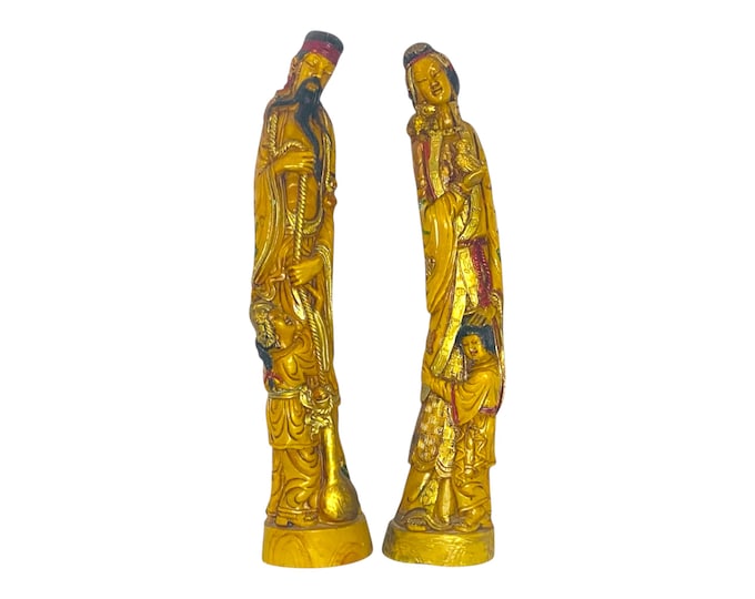 Vintage Art Mark Asian Carved Resin Figures HUSBAND & WIFE With CHILDREN 15,5" Made in Italy