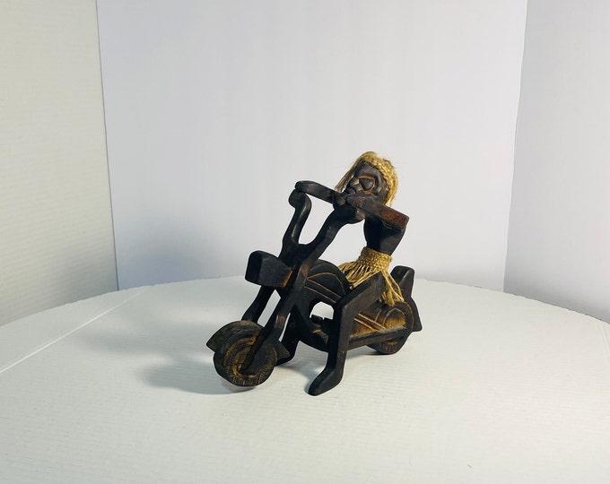 Rare Vintage Primitive Java Indonesian Man on Motorcycle Wooden Carving and Jute Tribal Sculpture. Free Shipping