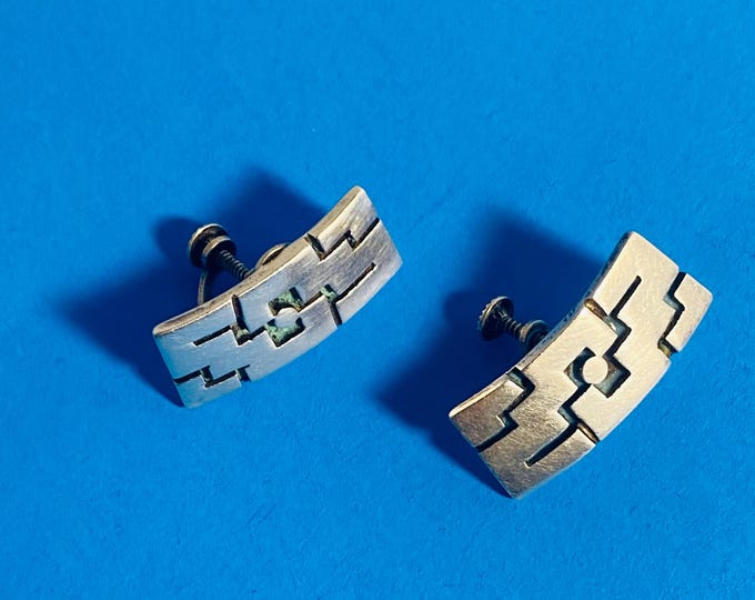 Rare Vintage 925 Sterling Silver TAXCO Artisan Earrings Signed Screwback 40's Design